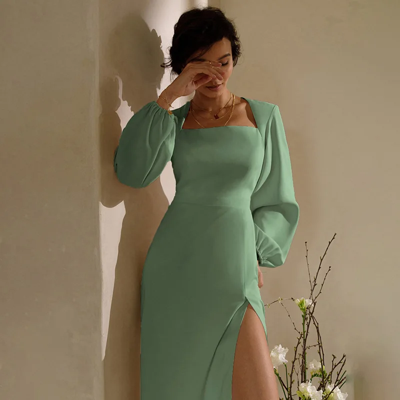 

Puff-Sleeve Bodycon Dress for Women Solid Square Collar Sexy Party Dresses Ladies Y2K Slit Streetwear Green Blue 2022 Autumn