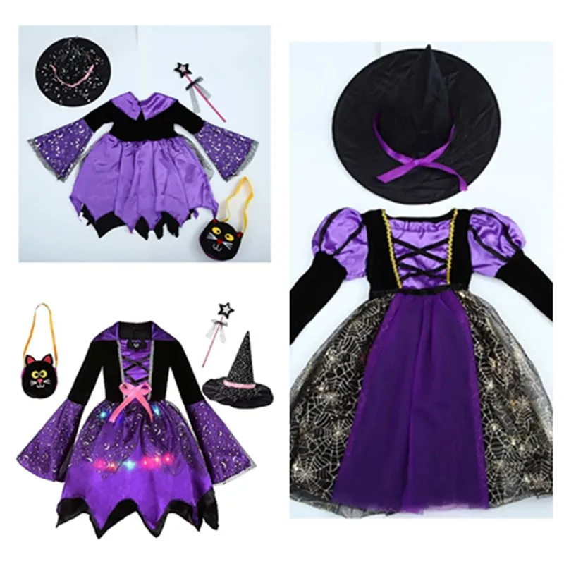 

Kids Children Witch Cosplay Costume Girls Dress Hat Bag Magic Stick Outfits Halloween Carnival Party Suit