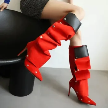 2025 Spring New Over The Knee Boots Women Winter Shoes Fashion Pleated Beige Heel Boots Long Woman Footwear Size 45 43 Boats