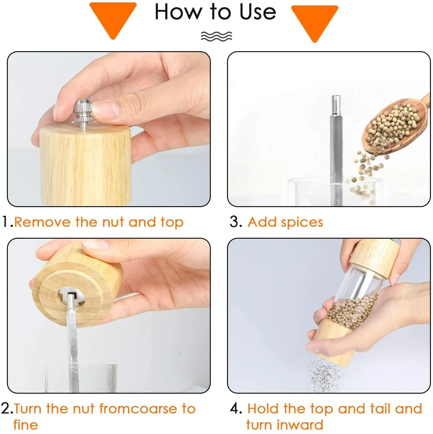 Wooden Salt and Pepper Grinder Set Manual Mills with Acrylic Visible Window and Iron Stand Kitchen Helper 6 /8 Inches
