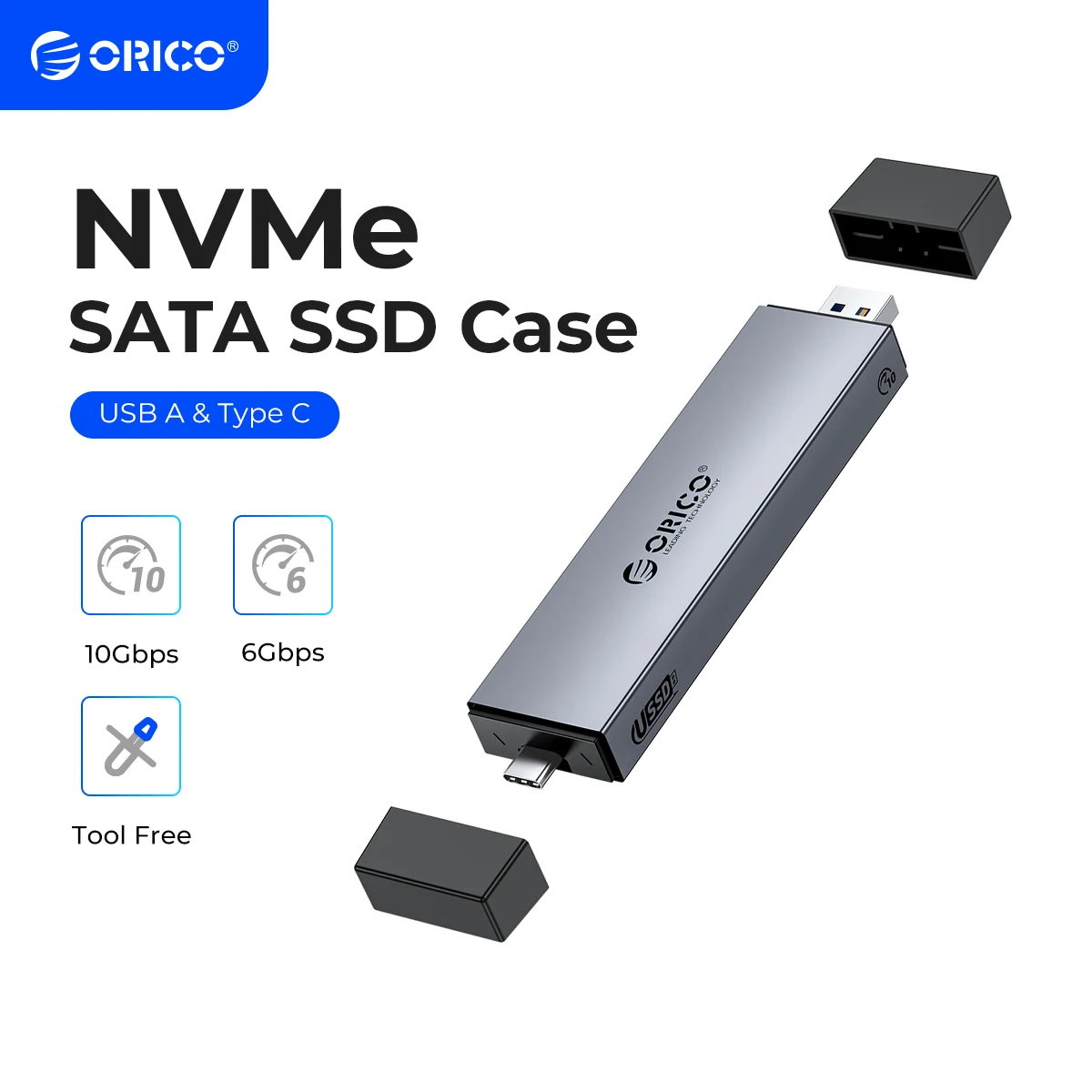 ORICO Aluminum 2 in 1 USB A Type-C Dual Interface M.2 SSD Case Support M2 NVMe M Key SATA NGFF M&B Key SSD Hard Disk Tool Free