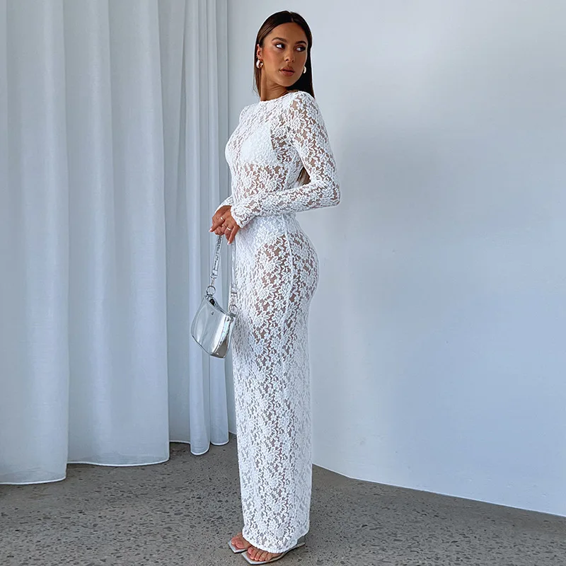 Lace See-Through Printed Long Dress Female Hollow Out Slim High Waist Solid Dress Sexy Club Clothes Ladies Maxi Dress 2025