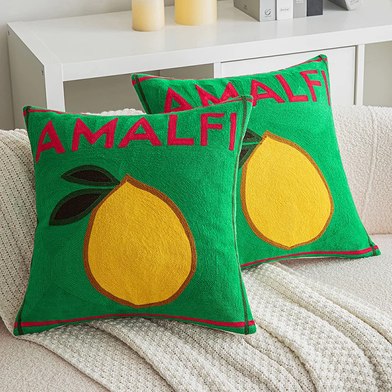 

45*45cm Ins Style Letter Lemon Embroidered Cushion Cover Cotton Green Embroidered Pillowcase Home Decor Pillow Covers Decorative