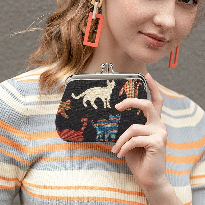 SAJA Tapestry Women's Wallet Coin Purse Key Wallet Pouch Double Pocket Kiss lock Cute Cat Bag Coin Holder For Girl Ladies Gift