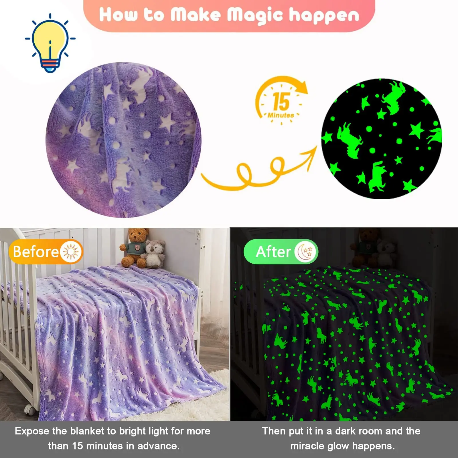 1pc Unicorn Glow in The Dark Blanket, Unicorn Blanket for Girls/Kids Age 3-12, Toddler Soft Fleece Blanket Throw Birthday Gift 4