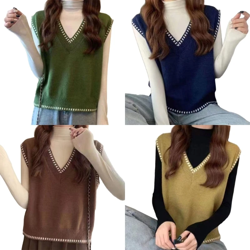 Women Girls Sleeveless V Neck Knitted Sweater Vest Casual Trendy Pullover Sweater Tank Tops Casual Loose Waistcoat Tops Dropship