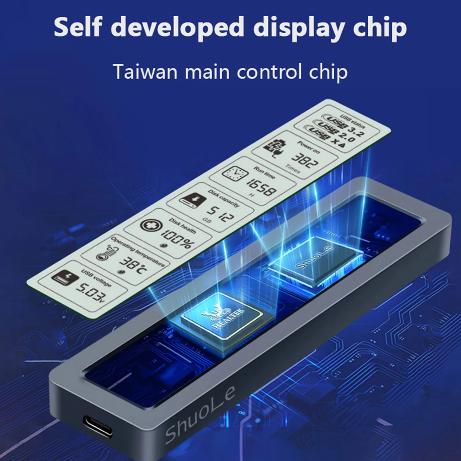 지능형 디지털 하드 드라이브 박스, 디스플레이 화면이 있는 외부 쉘, 솔리드 스테이트, NGFF, NVMe, 10Gbps 프로토콜, 대형 화면