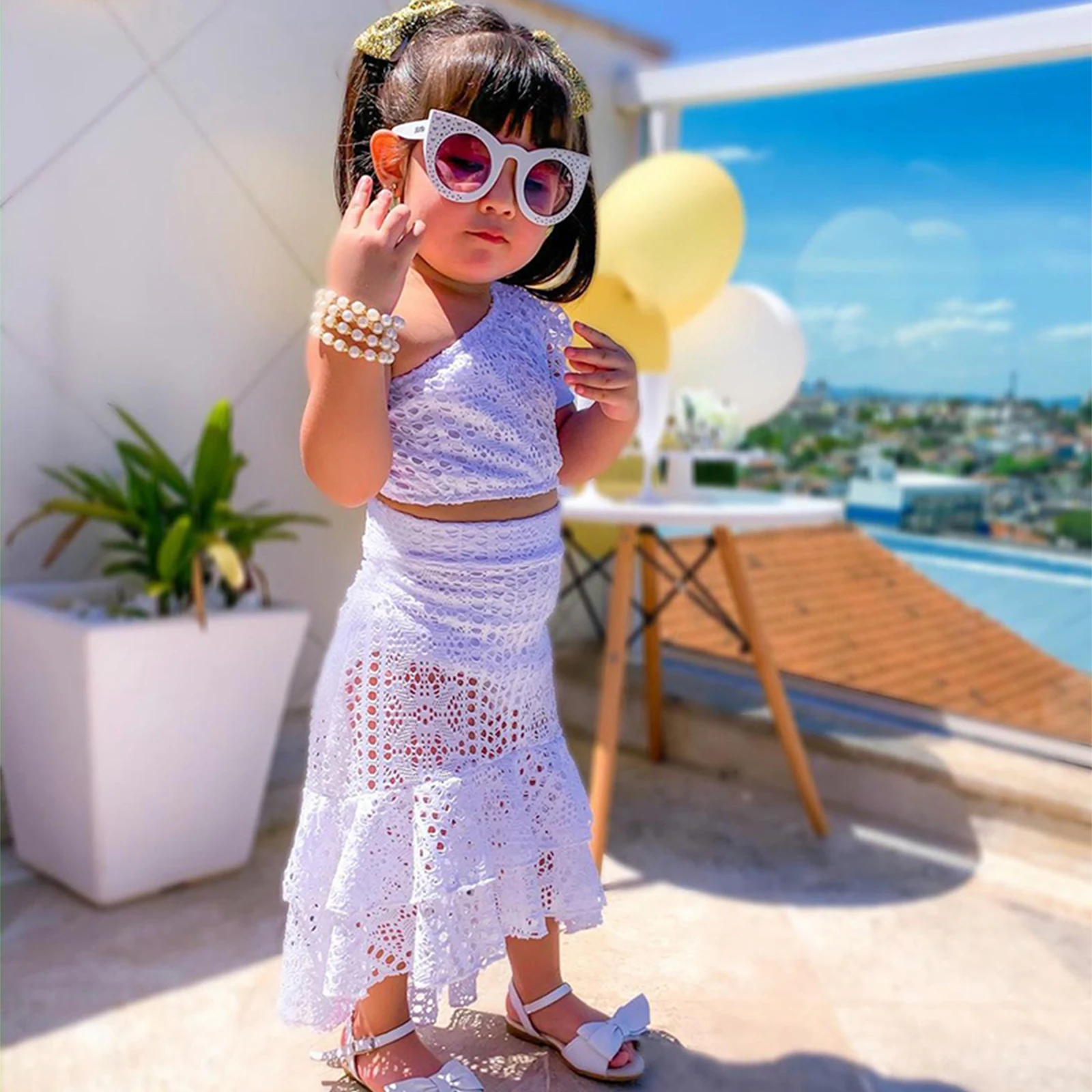 1 6Y ocuk K z Moda Giyim Seti Kolsuz Dantel Bir Omuz Yelek ift 