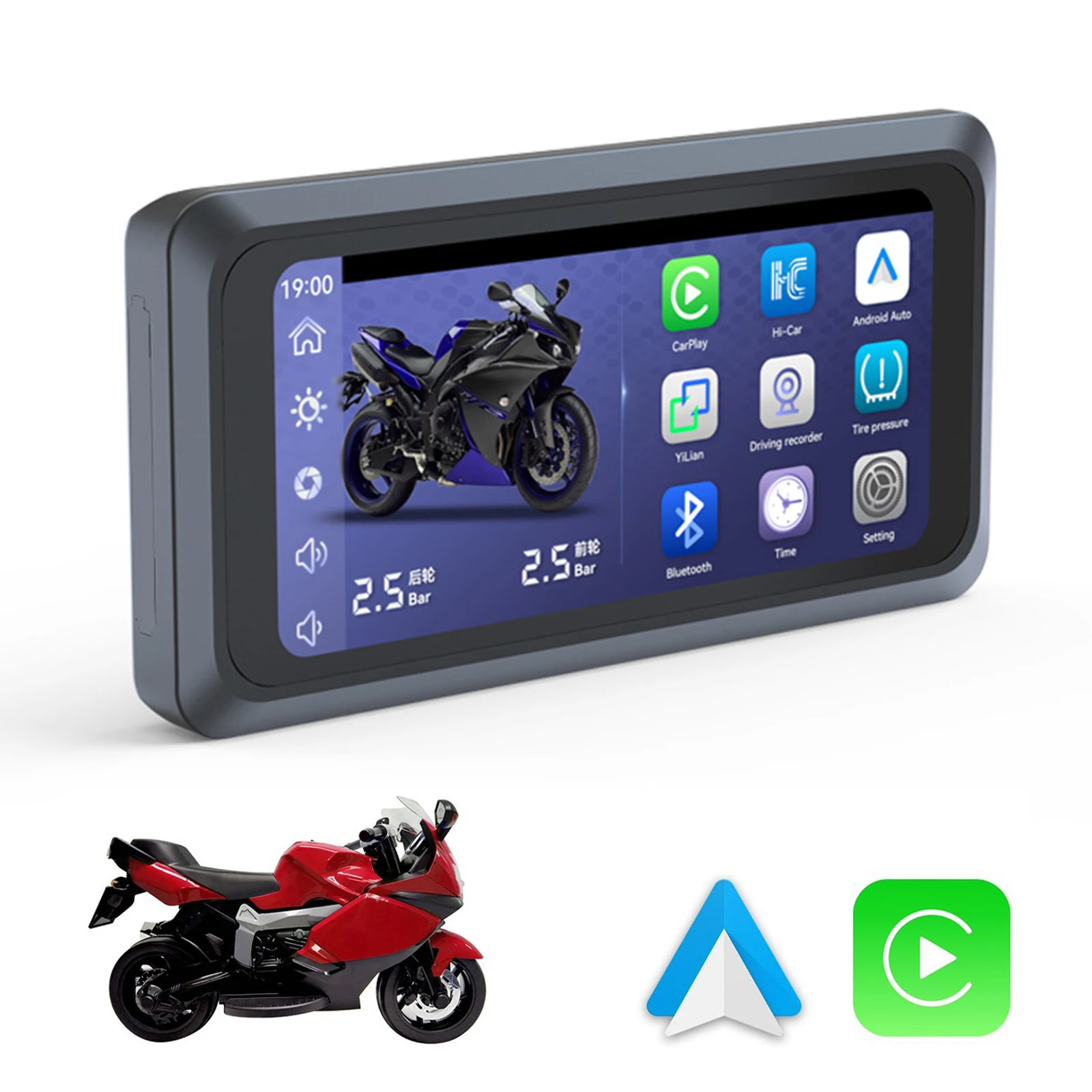 

6.25 Inch Motorcycle GPS Navigation Screen With TPMS IPX7 Waterproof Motorcycle Carplay Display Motorcycle Wireless Android Auto