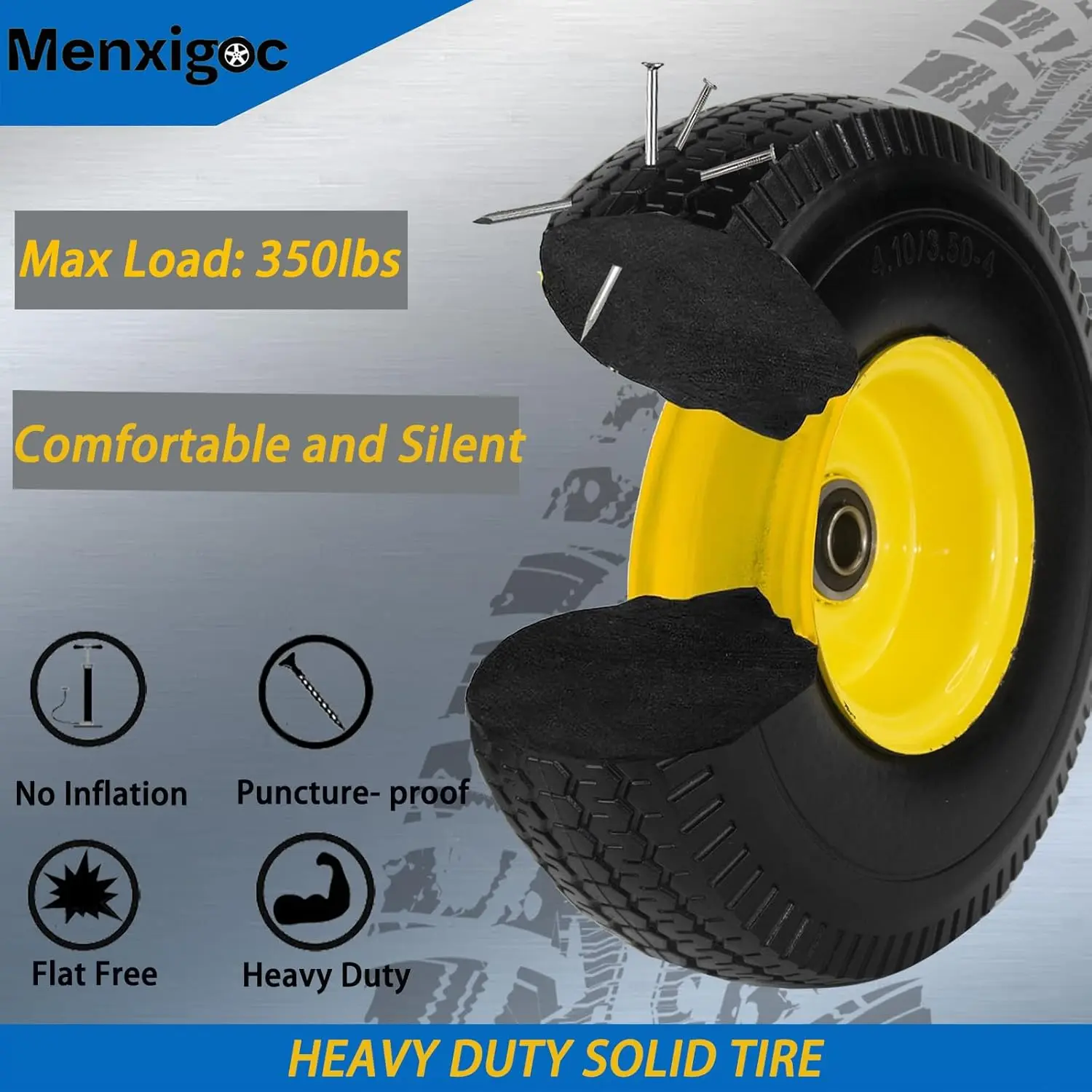 4.10/3.50-4" Flat Free Tire and Wheel, 10" Solid Tire with 5/8" Axle Bore Hole with 3/4" & 1/2" Extra Bearings, 2.2" Offset Hub 5