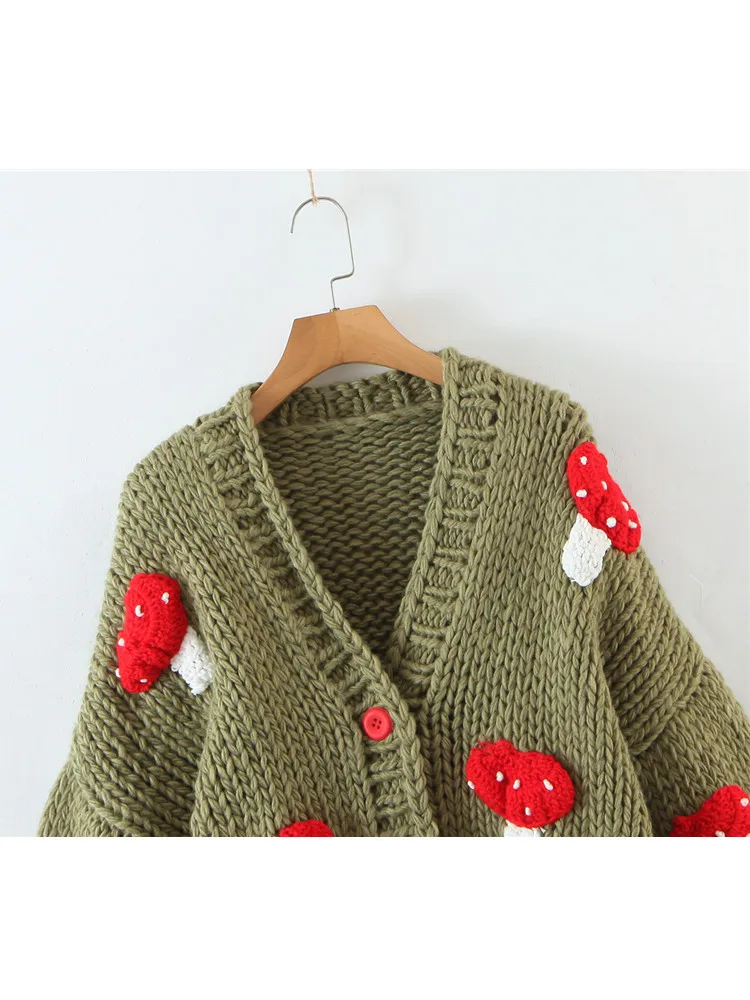 2022 Autumn Winter Sweet Cute Handmade Mushroom Sweater Women Loose V-Neck Casual Short Knit Cardigan Jacket Female Coat 4