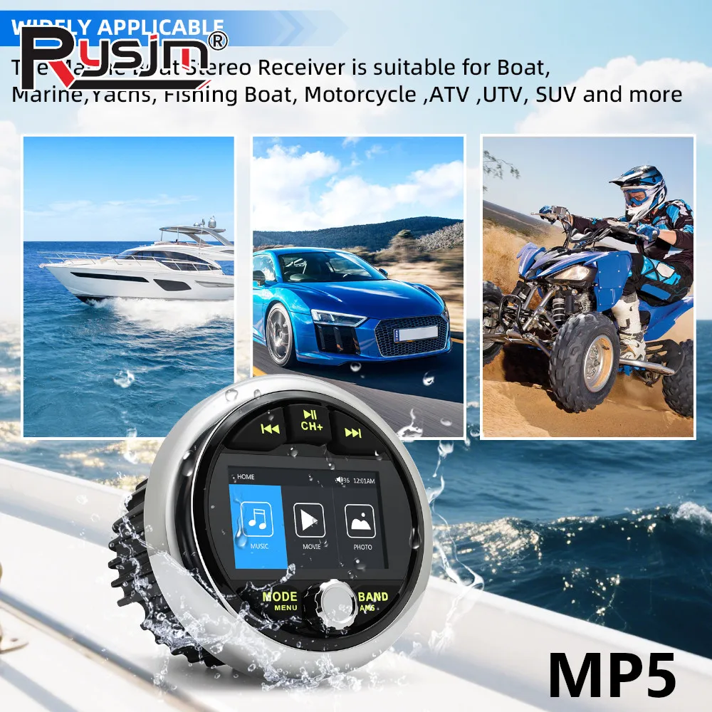 MP5 Boat Radio Marine Stereo Source Media Player AM FM RDS Receiver MP5 Video Play Bluetooth-compatible AUX for ATV UTV SPA RZR