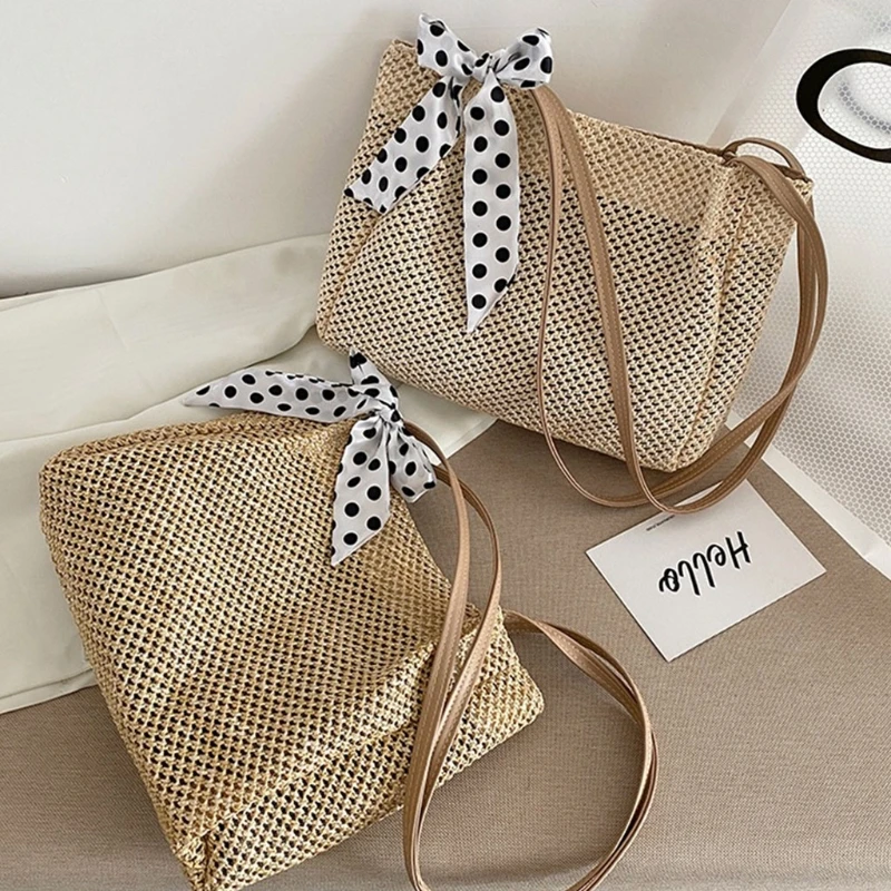

Women Straw Handbags Large Summer Beach Tote Woven Square with Silk Ribbon