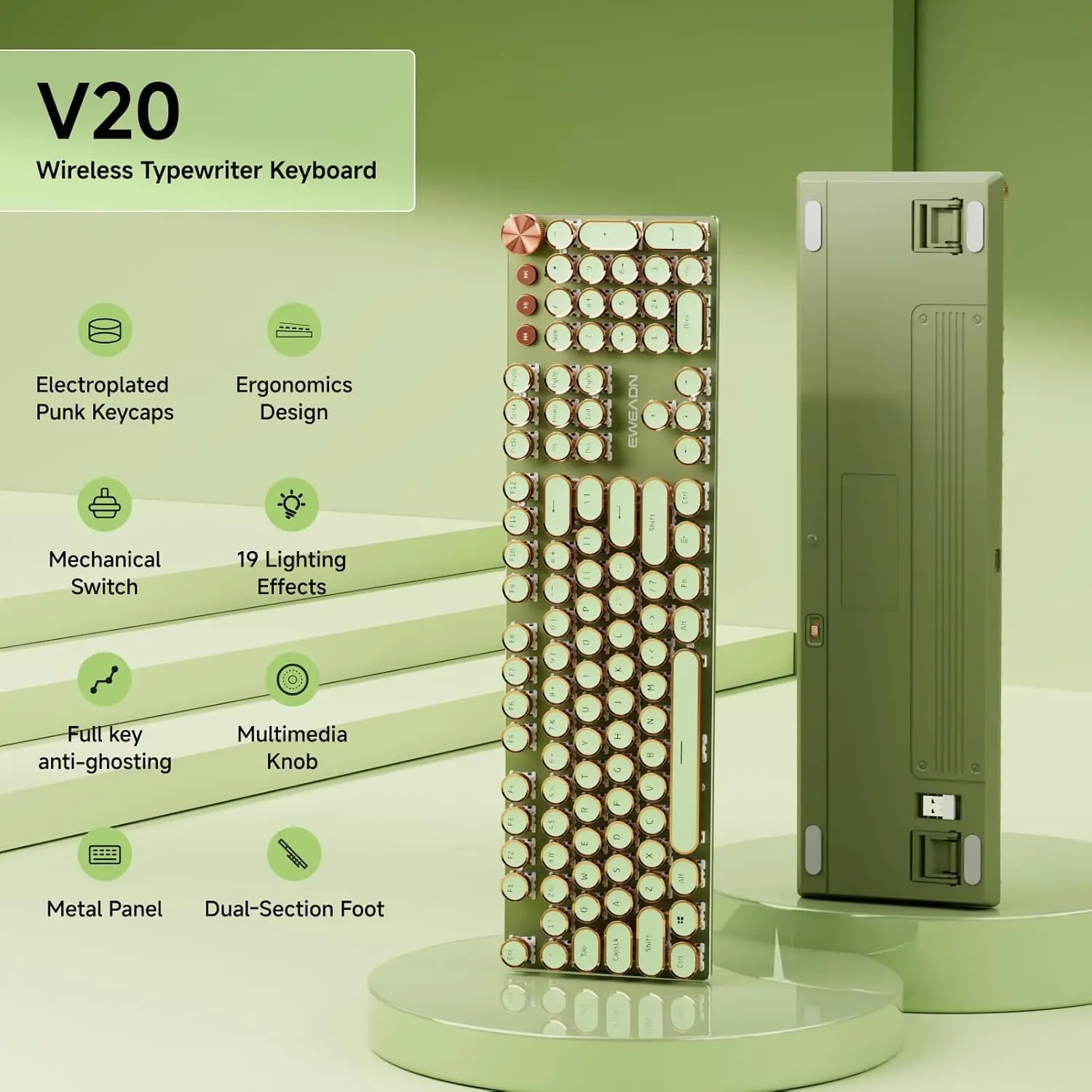 EWEADN V20 Typewriter Keyboard Wireless 104 Keys Mechanical with White Backlit Media Knob Tri-mode Wired Retro Keyboard