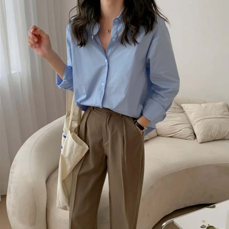 

2023 New Women Shirts Blouses Office Ladies Cotton 100% Oversize Loose Tops Pink White Blue Long Sleeve Fashion Button Up Shirt