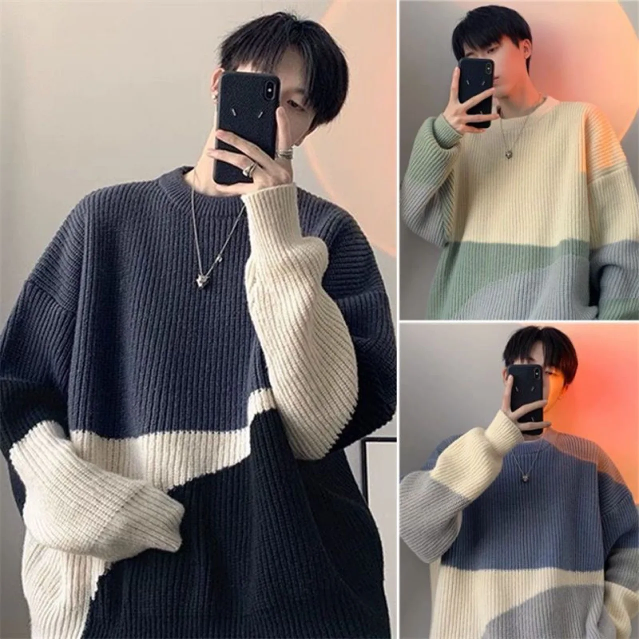 

Fashion Design Patchwork Men O Neck Sweater Loose Youth Daily Pullover Tshirt Autumn Winter Male Clothes