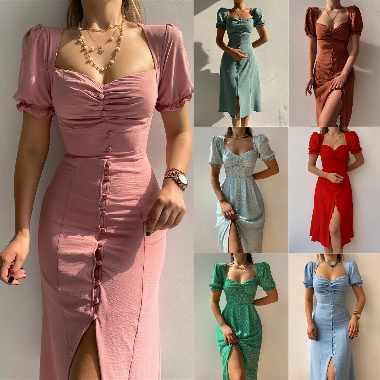 

Women Elegant V Neck Single Breasted Slim Split Sheath Dress Spring Summer Solid Color Mid-Calf Dress