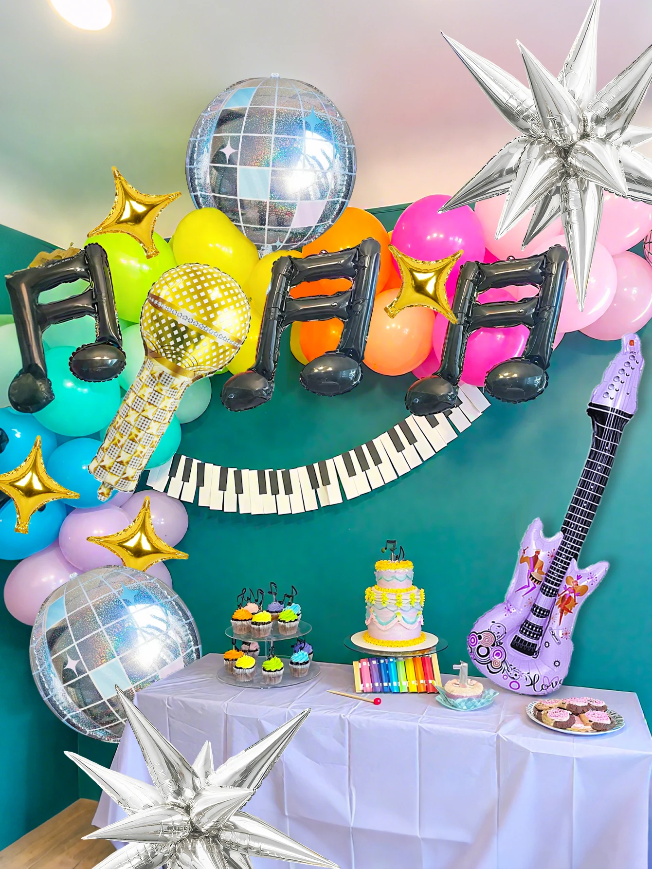 Pop music guitar party balloon set microphone purple guitar disco 4d ball black musical note star balloon 24pcs