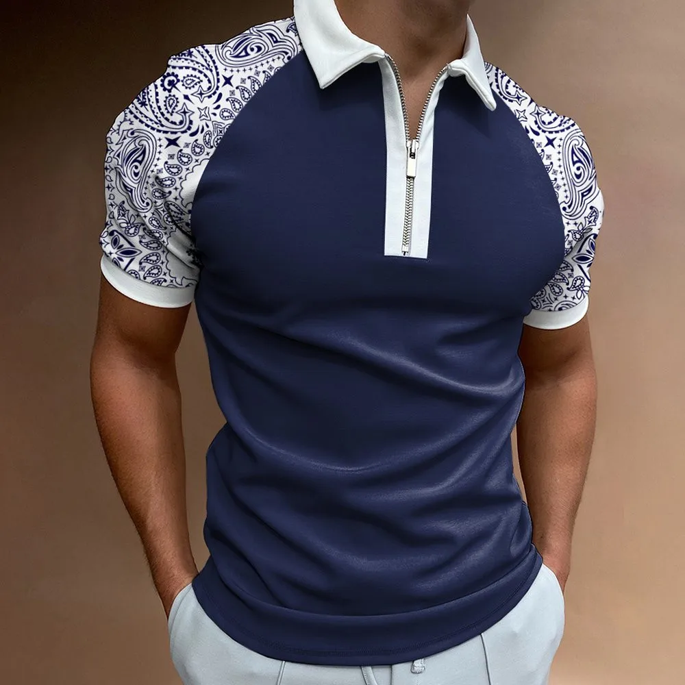 2022 New Style High Quality Men Polo Shirts Casual Patchwork Homme Polo Shirt Short Sleeve Turn-Down Zipper Collar Polo