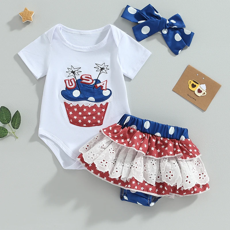 

2023-05-17 Lioraitiin 0-18M Baby Girls 3Pcs Clothing Stars Print Short Sleeve Romper Shorts Hairband for Independence Day