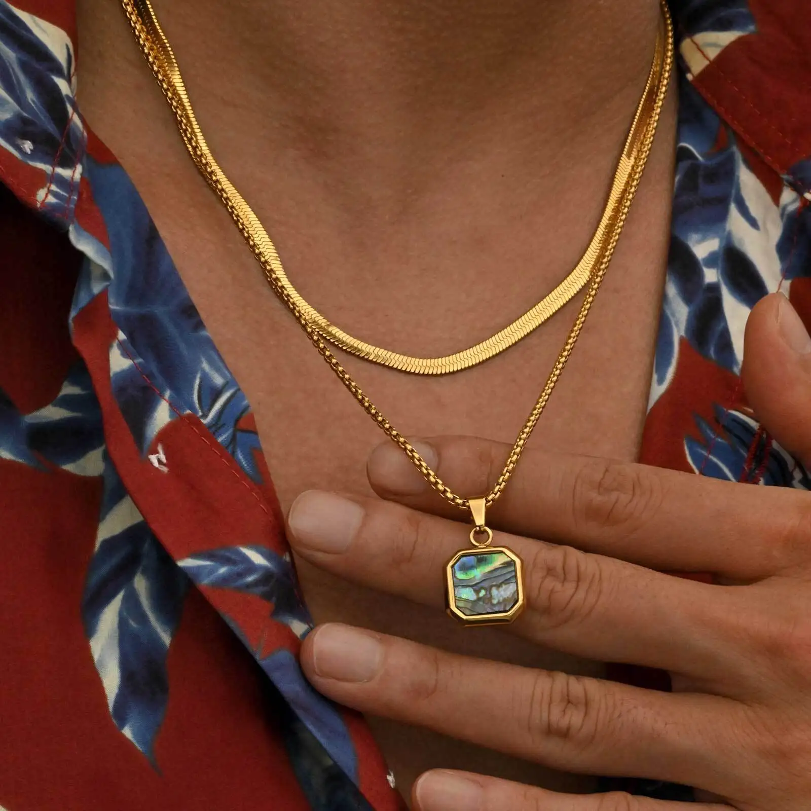 Trendy Abalone Shell Necklace for Men Boys,2pcs/set Stainless Steel Squre Pendant Necklace,Trendy Birthday Party Jewelry Gift