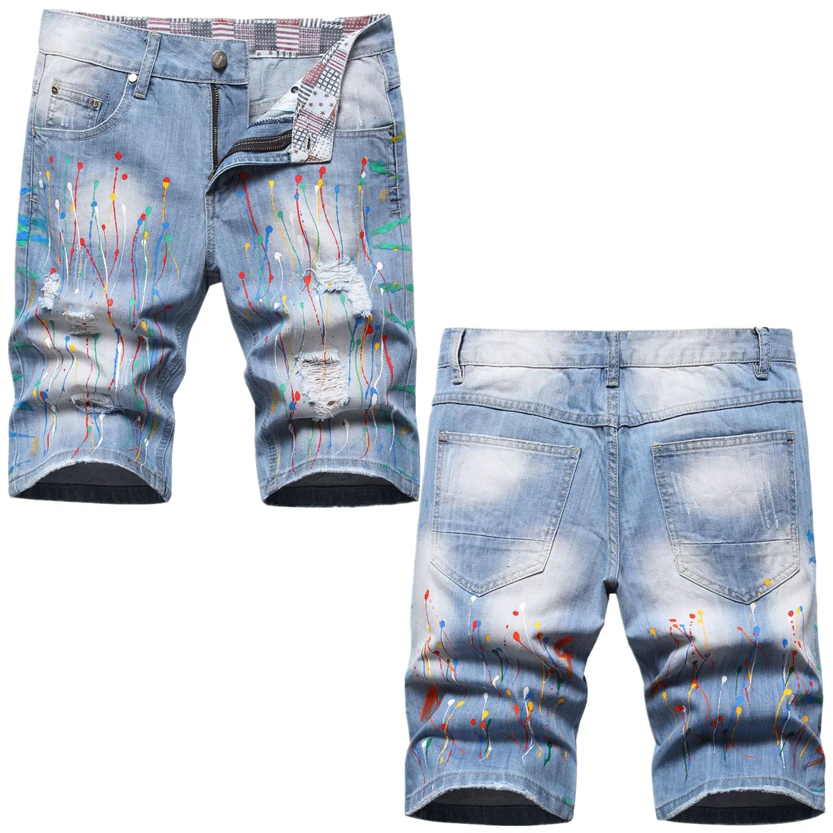Summer Cross Embroidered Denim Shorts Men Light Blue Pants Holes Splash Ink Printed Straight Trendy Cotton High Street 2024 New
