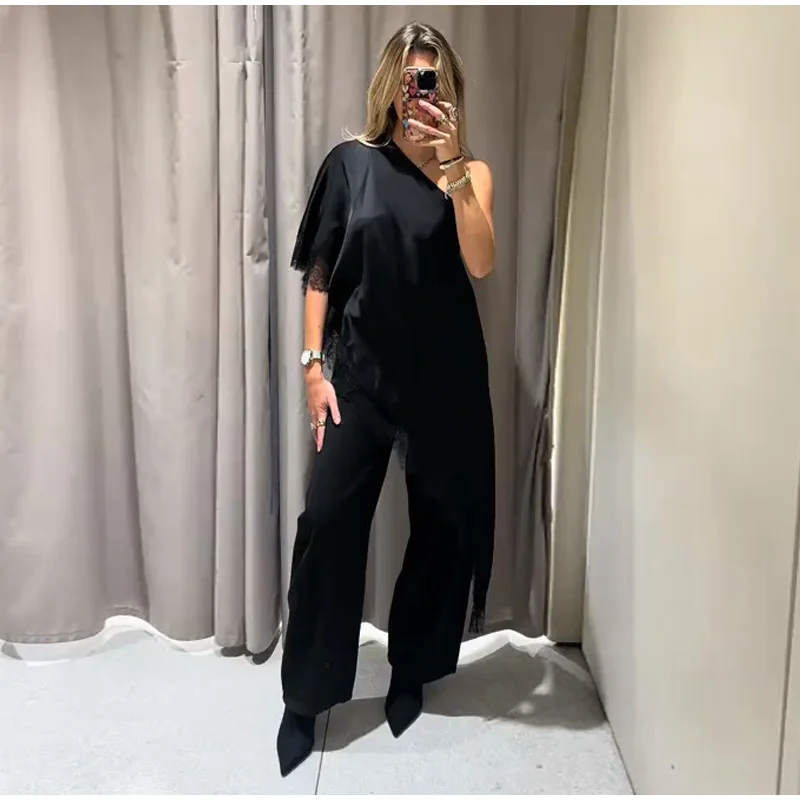 Solid Chic Loose Lace One Shoulder Top