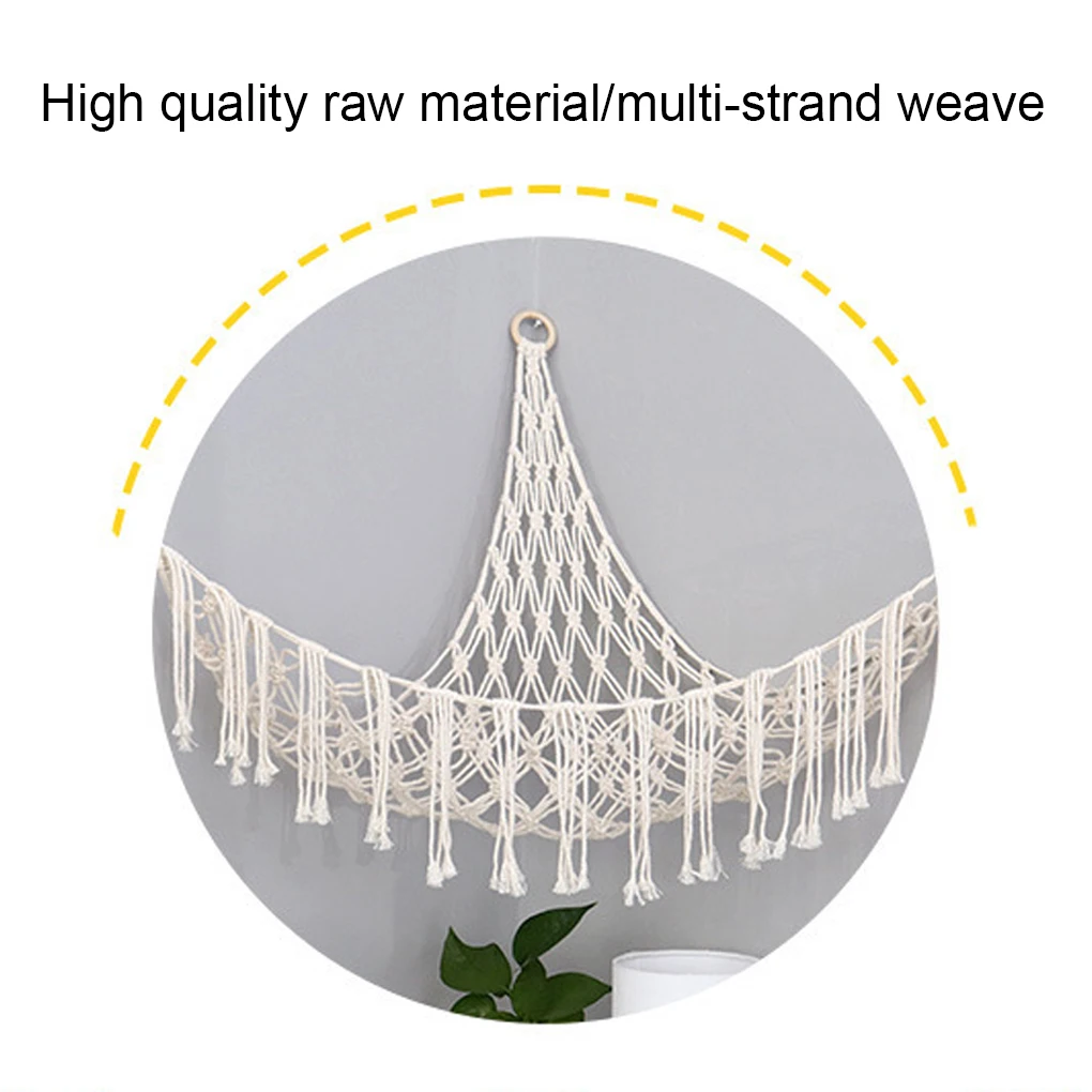 Boho Plush Toy Hammock Triangular Shape Hanging Mesh Storage Basket Cotton Tassels Wall Net for Bedroom Living Room 2