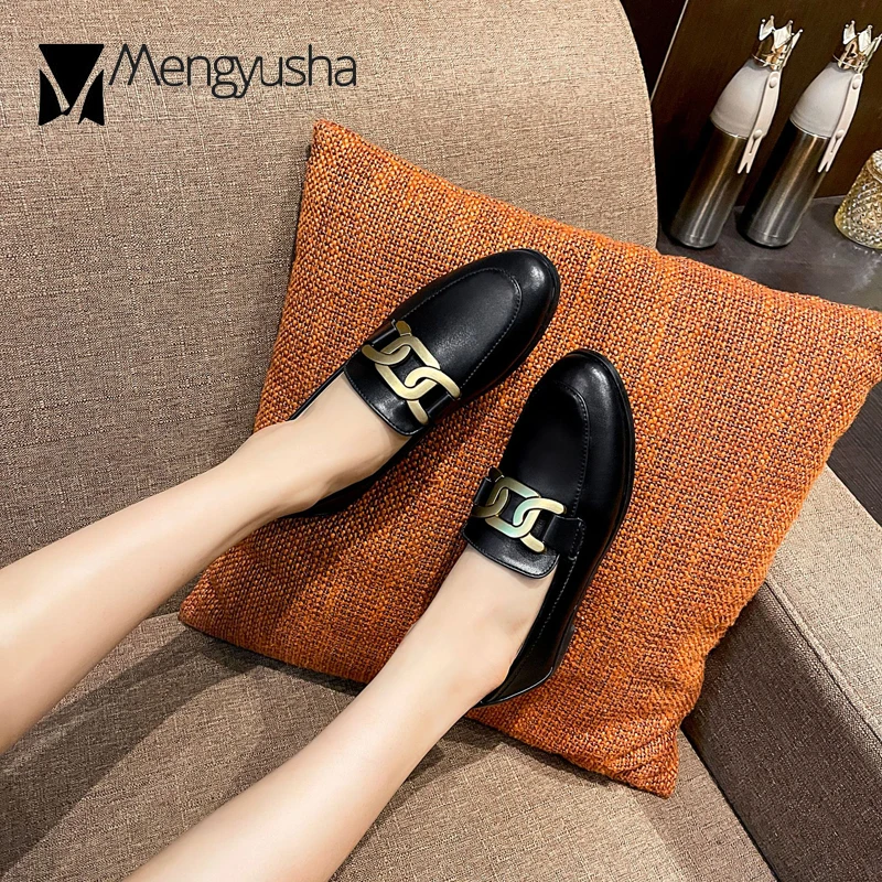 2025 High End Luxury Oxford Shoes Ladies Preppy Leather Sneakers Woman Metal Chain Loafers Big Size 42/43 Plush Cotton Fur Flats women oxford shoes