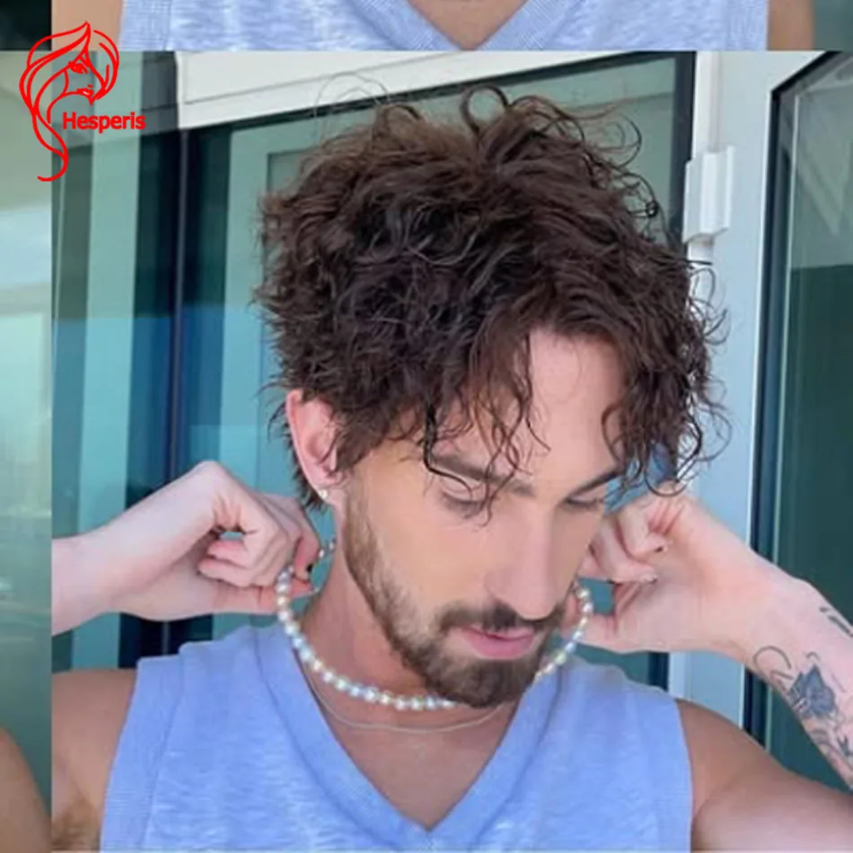 Hesperis Curly Human Hair Wigs For Men Brown Color4 Cuts Curly Full Lace Wig With Bangs Brazilian Remy Pixie Cut Short Men Wigs