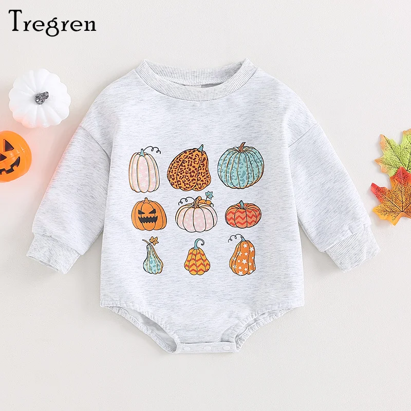 

Tregren 0-18M Infant Baby Romper Halloween Clothes Long Sleeve Crew Neck Pumpkin Print Fall Bodysuit for Newborn Girls Boys