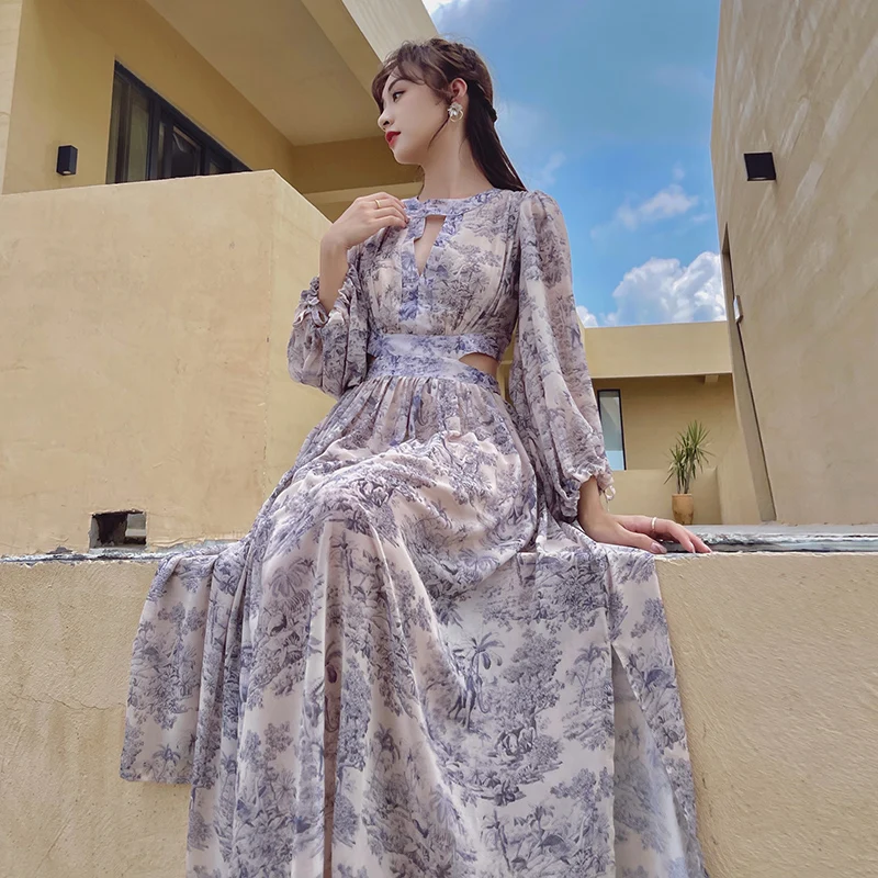 

Женское винтажное платье с принтом, шифоновое длинное пляжное платье с цветочным принтом, V-образным вырезом и длинным рукавом, весна-осень 2022