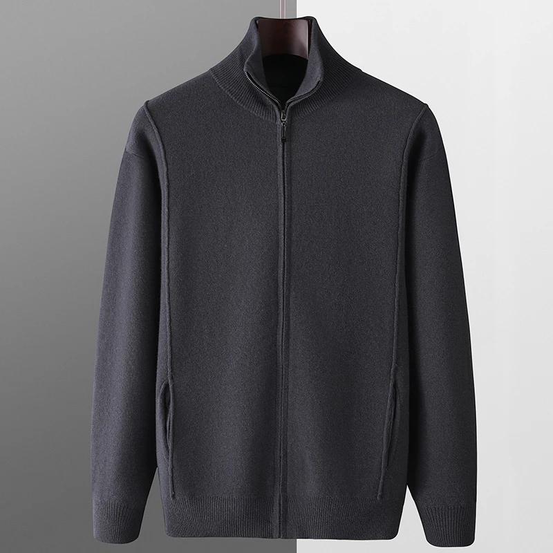 Hot Sale In Autumn And Winter 100% Wool Cardigan Men's Semi-High Collar Zipper Long Sleeve Business Casual Knitted Sweater Coat. 3