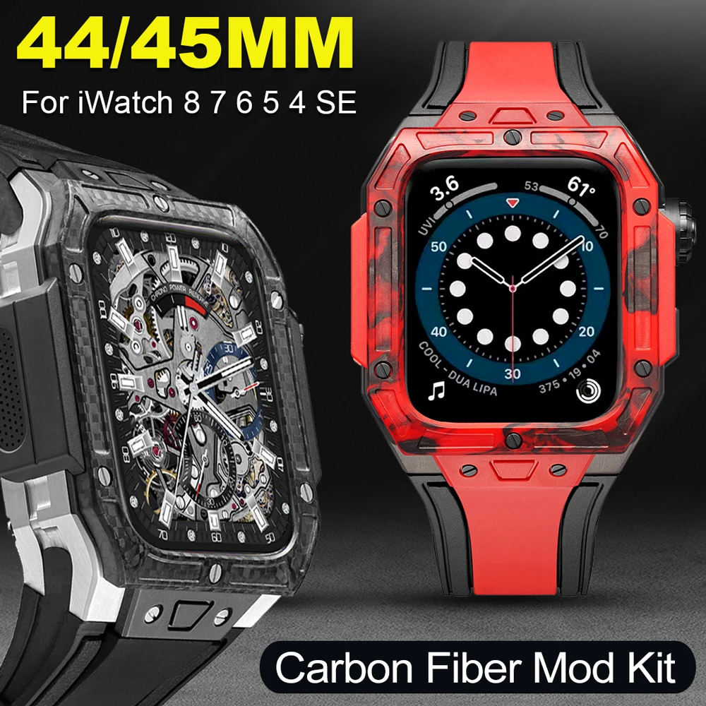 Carbon Fiber Case For Apple Watch 8 7 6 5 4 SE Stainless Steel Bezel