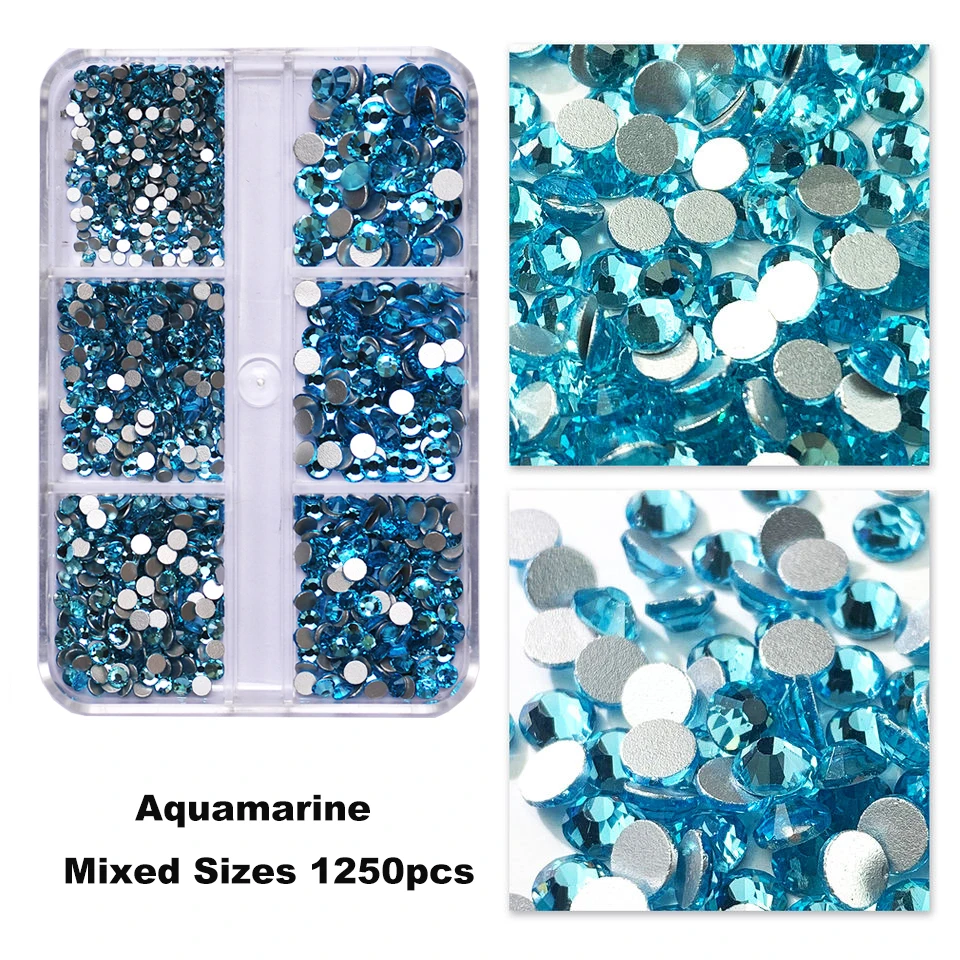 

6 Grids/Box Aquamarine Mixed Sizes Nail Rhinestones Non Hotfix Flatback Nails Accessories for DIY Design Nail Art Decoration