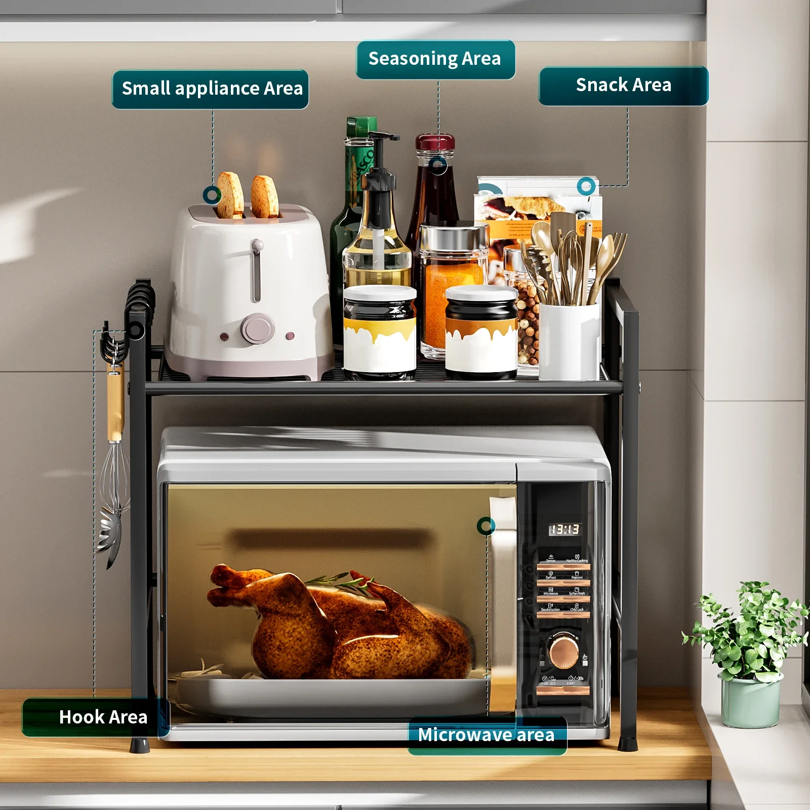 2tier Kitchen Microwave rack Adjustable Width Kitchen Multifuctional Organizer Carbon steel Sturdy Black White 3