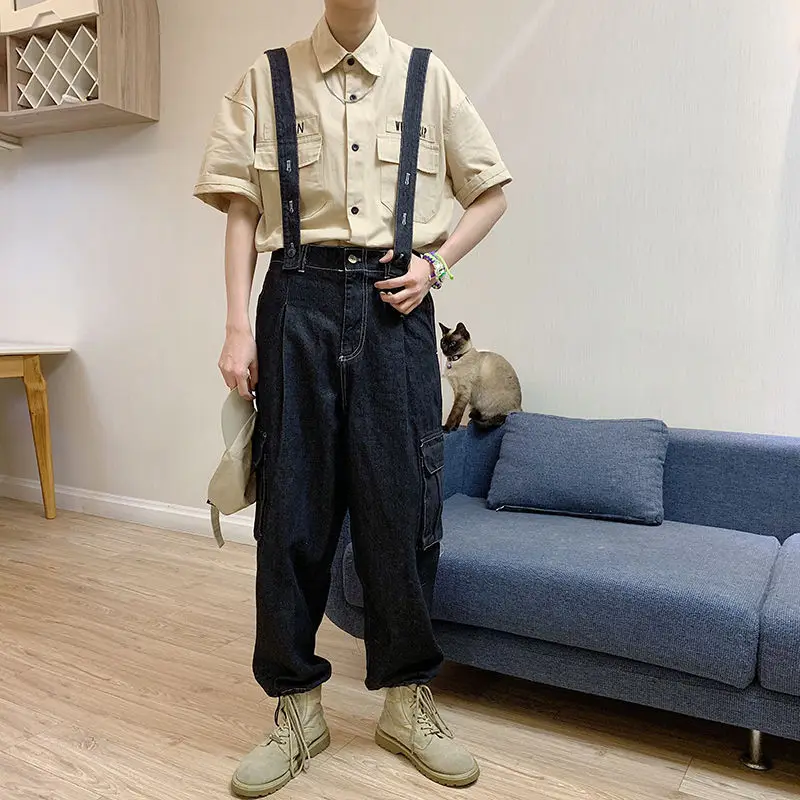 Japanese Harajuku Retro Denim Overalls Retro Cargo Jeans Hip Hop American Casual Jeans Loose Straight Wide Leg Pants Side Pocket