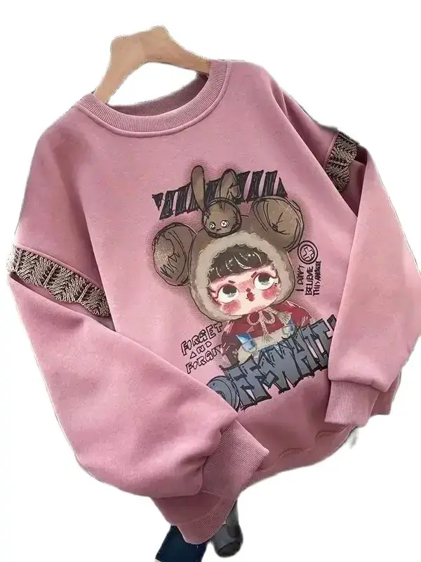 Sweatshirts Pullover Women Autumn Winter Cute Round Neck Loose Mid-Length Hoodies Top