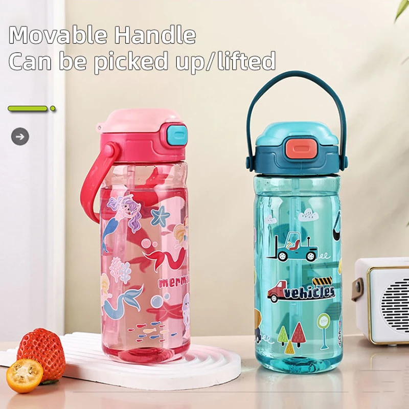 550ML Children Cartoon Plastic Cup With Straw Portable Leakproof Water Bottles For Student