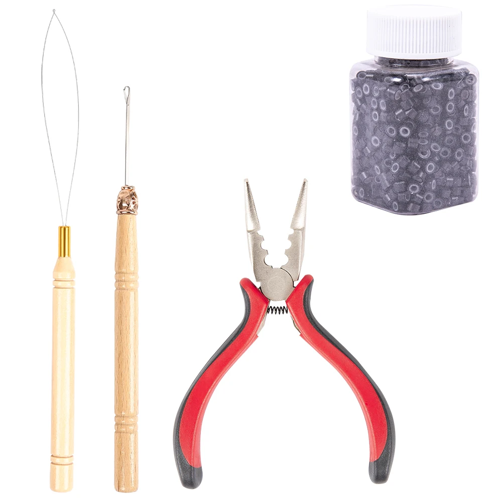 Kit 200 Perles En Silicone Pour Extensions De Cheveux - Microrings 5 Mm Noir Avec Crochet Et Aiguille En Bois