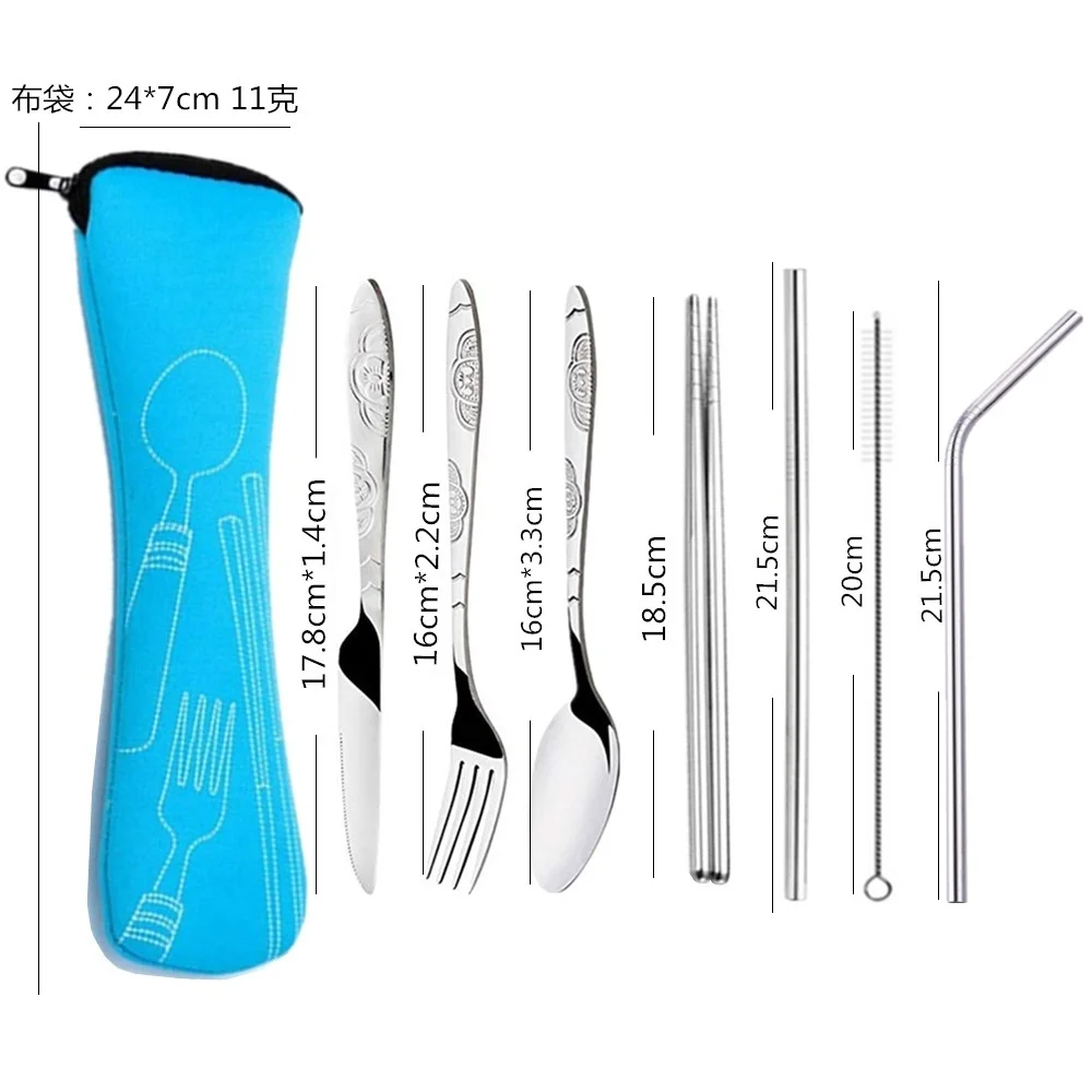 Description Picture 5 of item3pcs Set Dinnerware Portable Printed Stainless Steel Spoon Fork Steak Knife Set Travel Cutlery Tableware with Bag