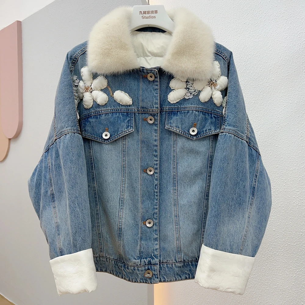 

2023 New Winter Women's Goose Down Jacket Denim Jacket Natural Real Mink Fur Collar Outwear Luxury Female Coats