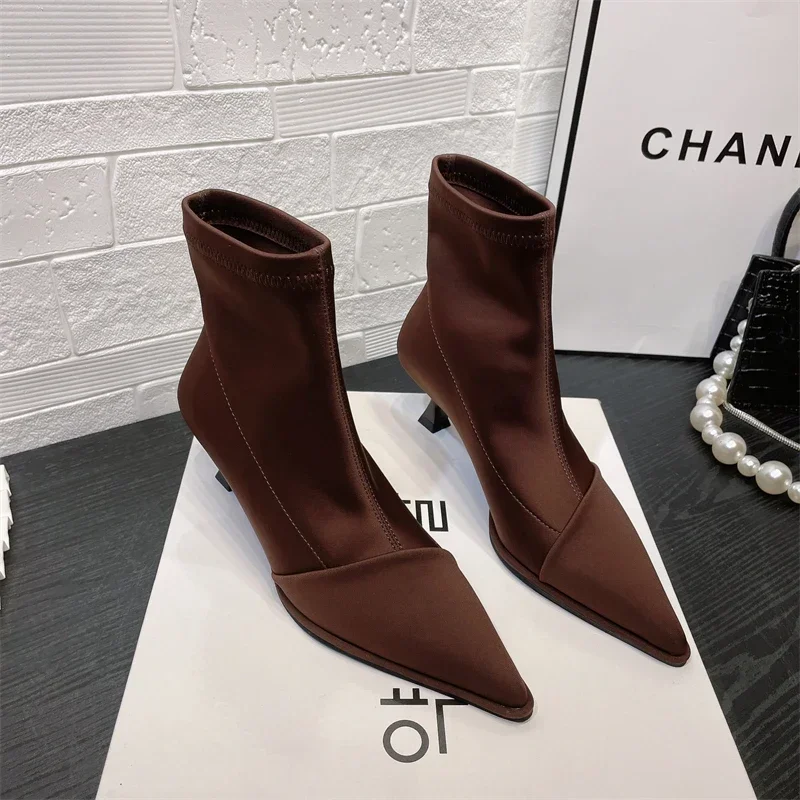 Sexy Pointed Toe High Heels Lady Boots Fashion Elegant Satin Pointed Toe Ankle Boots Famale Thin Stretch Sock Boots Women Shoes