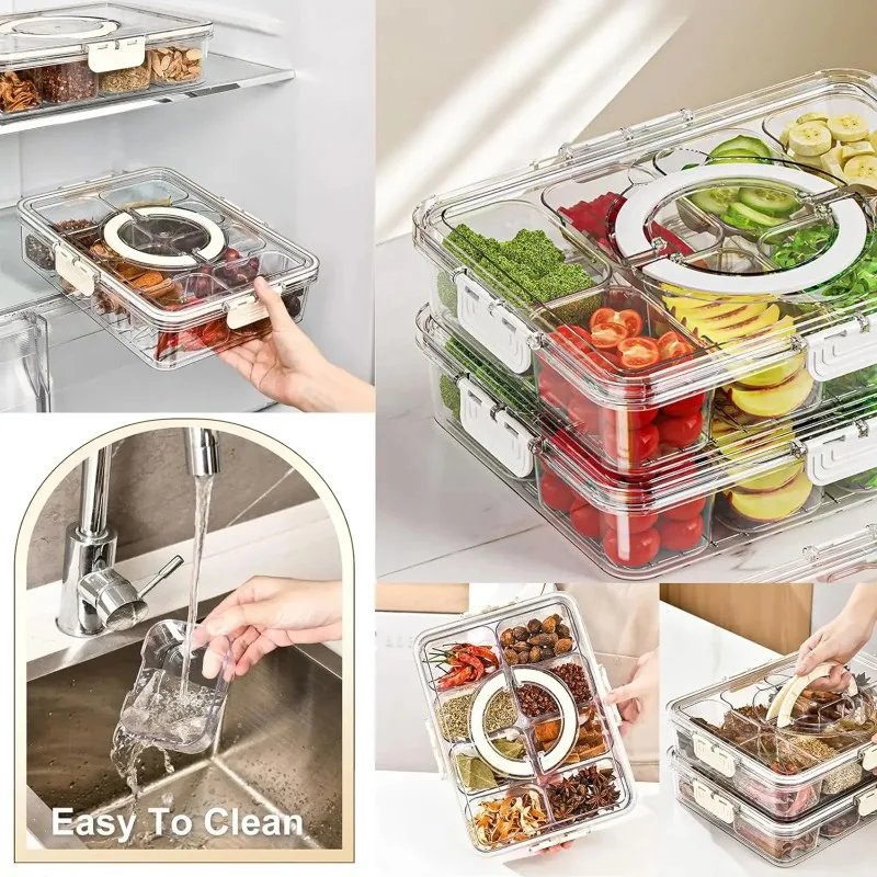 Split Type Transparent Salad Box with Lid, Containing 8 Separate Compartments, Fast Food Box, Fruit and Vegetable Storage Box
