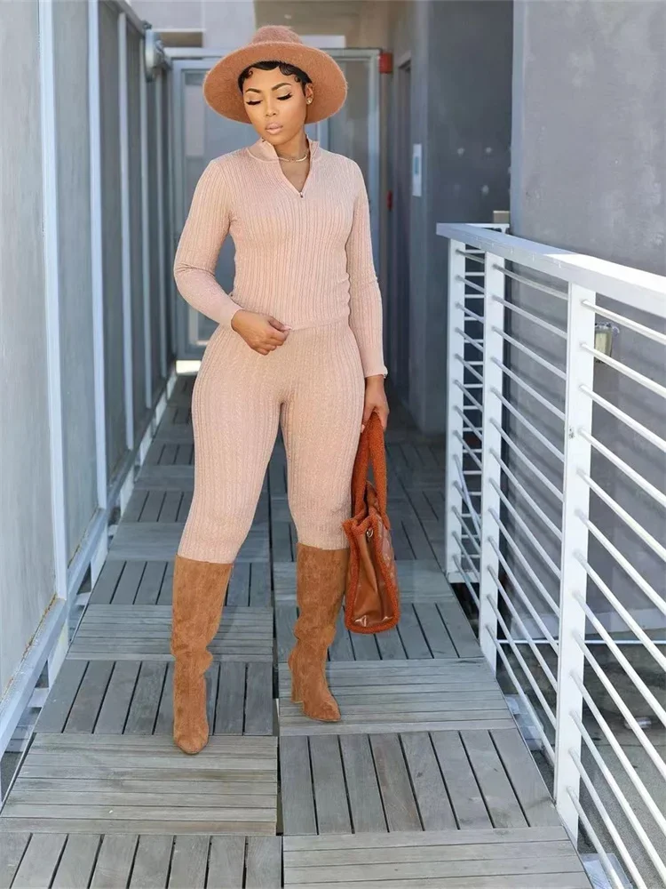 Wmstar 2 Piece Sets Women 2024 Autumn/Winter Solid Color Long Sleeve Casual Knitted Slimming Casual Set Wholesale Dropshipping