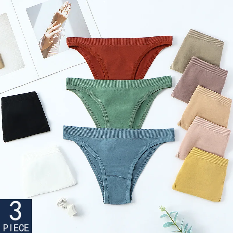 

3PCS Women Seamless Cotton Panties Sexy Ribbed 10 Color Soft Briefs Intimates Low Waist Plus Size Elasticity Briefs Underwear