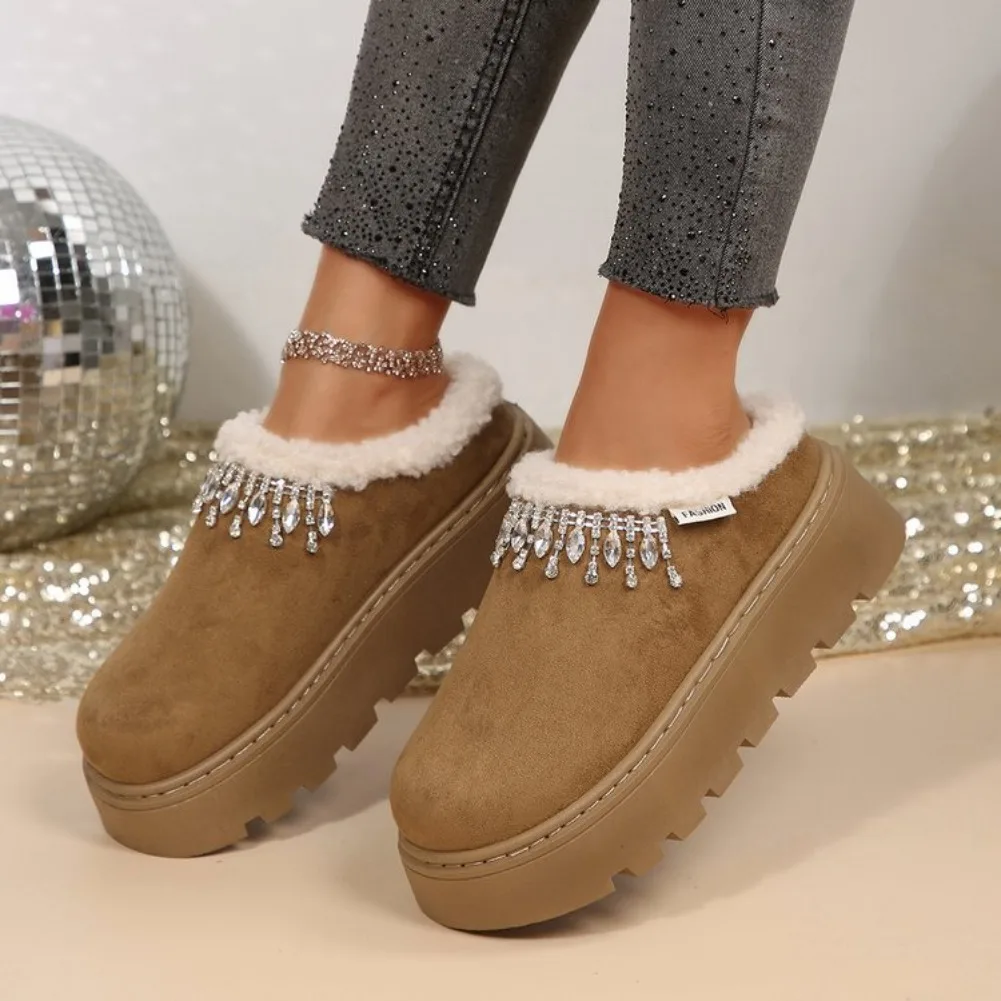 Rhinestone decoration Cotton Platform Slippers Women Autumn Winter Plush Warm Cotton Shoes Woman Plus Size Anti Slip Snow Boots