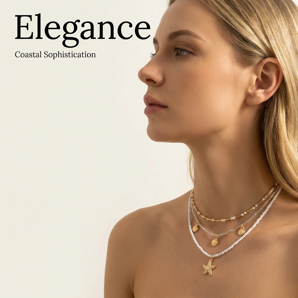Handgefertigte Mehrlagige Reisperlen-Halskette für Frauen mit Einfachem Seestern-Muschel-Anhänger, Böhmischer Strand-Schmuck als Geschenk – Detail 1