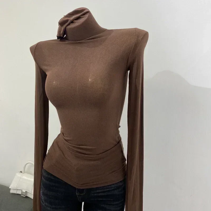 Thin Soft American Long Sleeve T-shirt High Stacked Neck Tight Perspective Bottom Shirt Women's Slim Fit Tops Sexy Streetwear 3