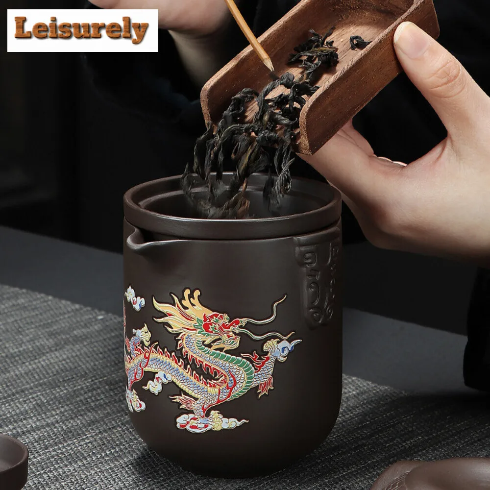 Purple Sand Color Changing Travel Tea Set Kit Dargon Phoenix 1 Pot 6 Cups Tea Maker Outdoor Travel Tea Set Portable Bags Teaset